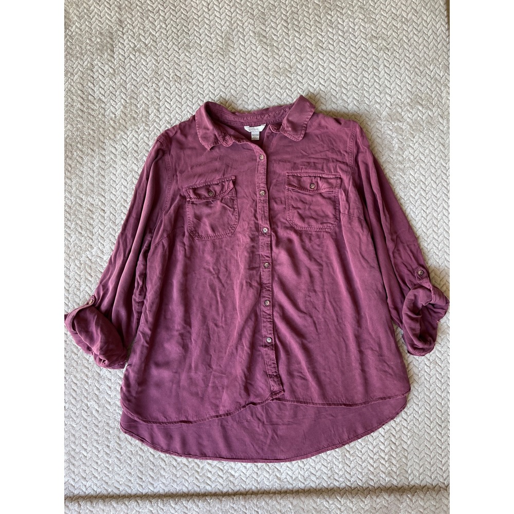 CJ Banks Womens Plus Size 18/20W Burgundy Plum Roll Tab Button Down Shirt Blouse